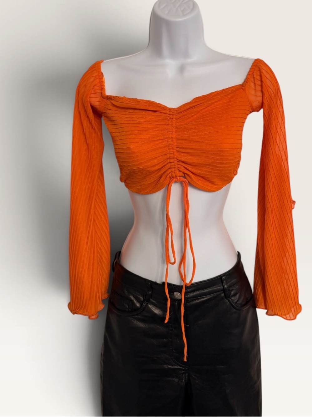 Orange Ruched Long-Sleeve Crop Top - Women's Ruffle Sleeve Detail Tie Front
